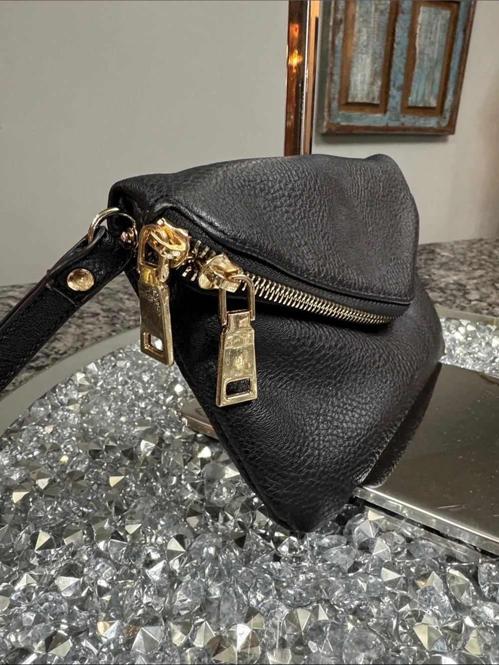 Urban Expressions Black Leather Wristlet Clutch with Gold Hardware EUC